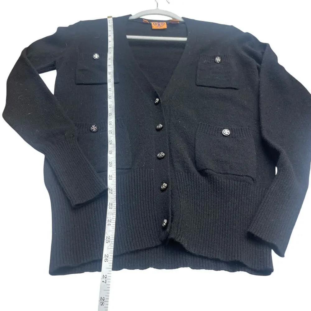 Tory Burch 100% Cashmere V-Neck Cardigan XS Black | Logo Buttons | 4 Pockets